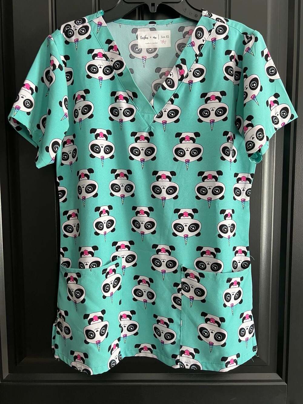 Tasha + Me Teal Pandacorn V-Neck Scrub Top Size XS